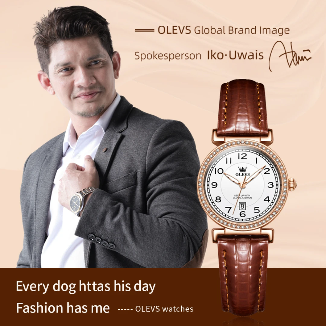 OLEVS 5590 Reloj de moda de cuarzo regalo esfera redonda correa de reloj de pulsera de cuero genuino calendario