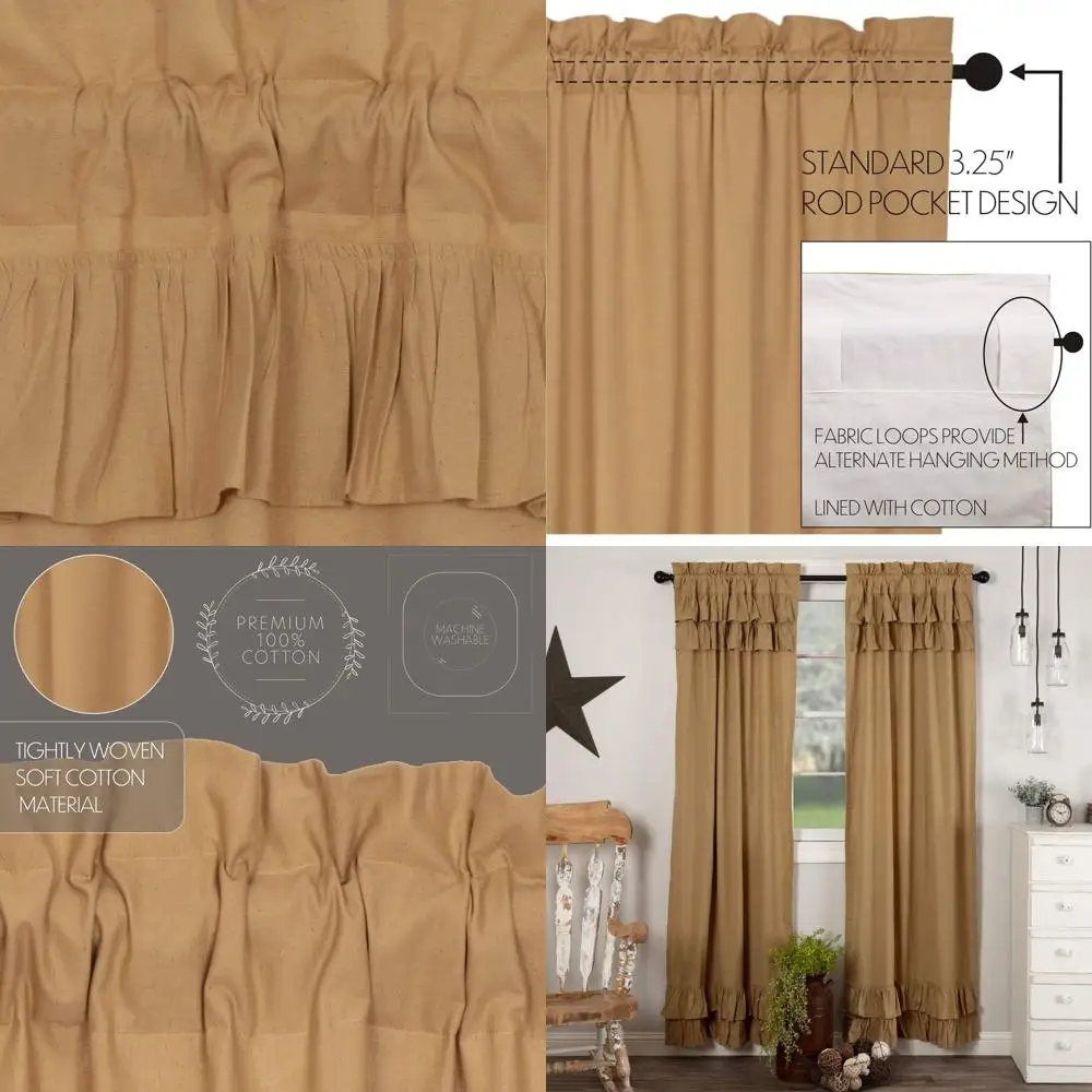 

Flax Cotton Linen Blend Farmhouse Curtains with Rod Pocket and Loops, Khaki Tan