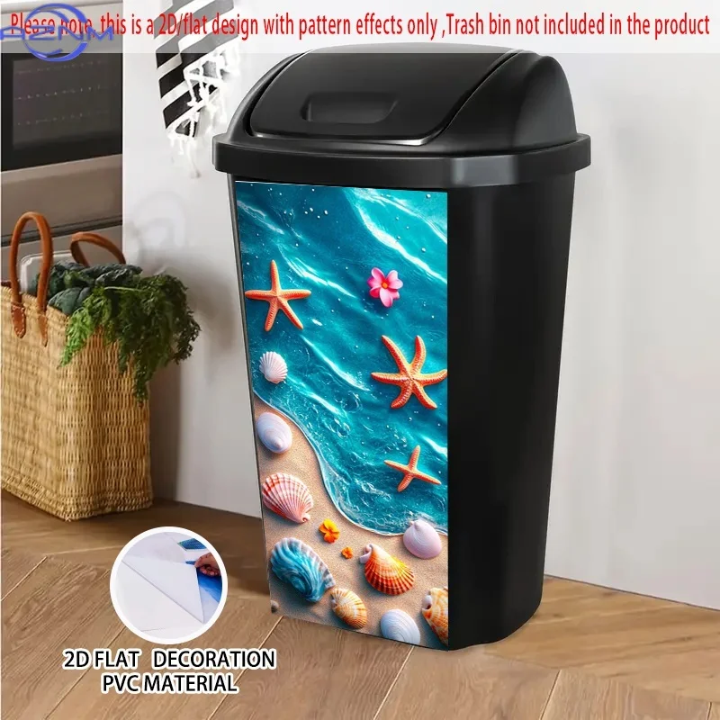 1pc 2D FLAT Beach Shells & Starfish Pattern Self-Adhesive Dustbin Stickers, PVC Trash Can Decorative Stickers, Wheelie Bin Sti