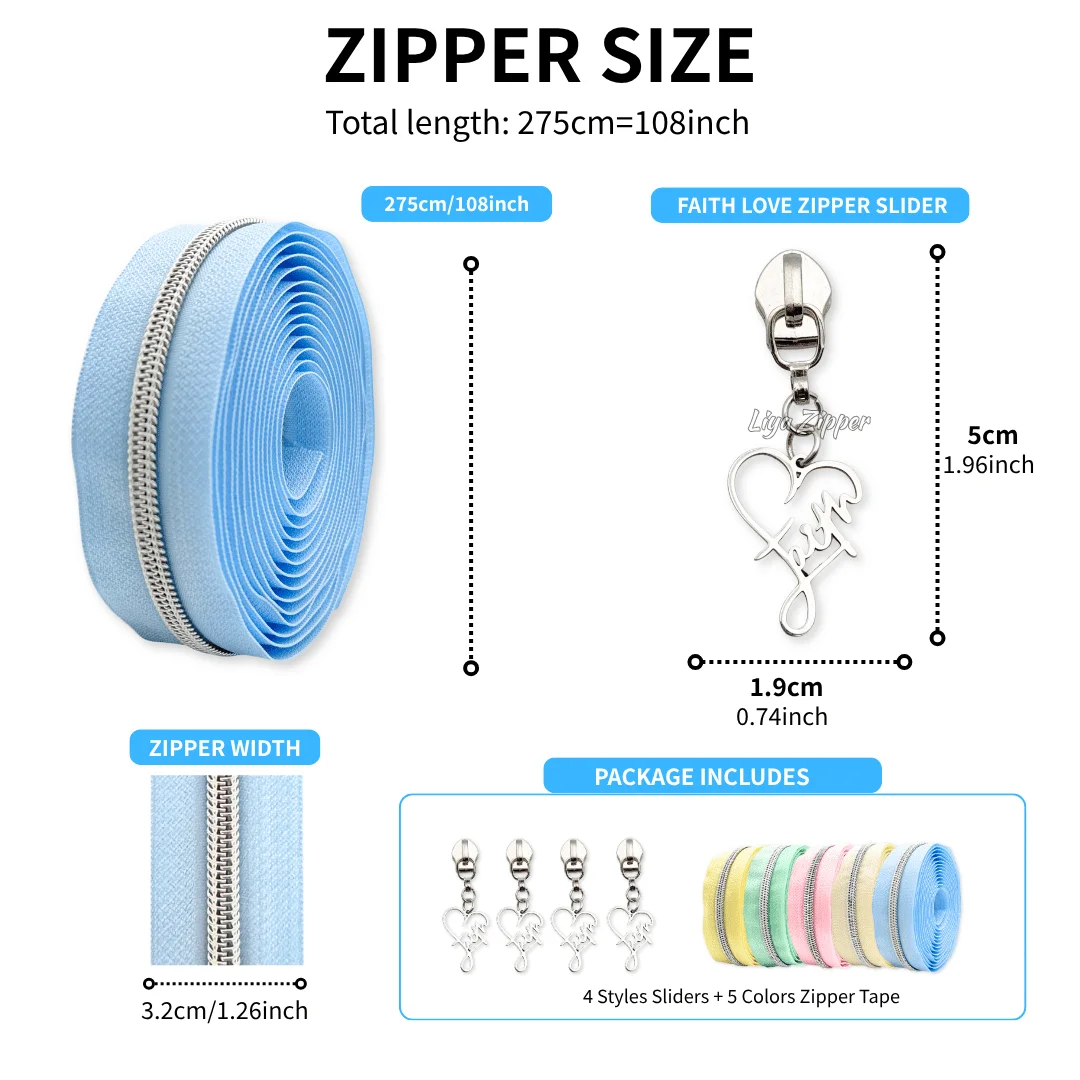 Morandi Faith Love theme zipper set uses 3 yards 5 (2.8 meters) silver tooth zipper with 4pcs Faith Love zipper pullers