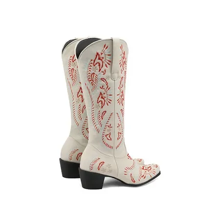 Embroidered Cowboy Boots for Women Pointy Toe Square Heeled Knee-high Western Cowgirl Boots Women Shoes 2024