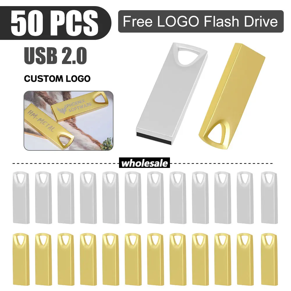 Movimentação impermeável do flash do USB do metal, Pendrive, disco de U, disco de memória, logotipo livre, USB 2.0, 32GB, 64GB, 16GB, 8GB, 4GB, 50 PCes