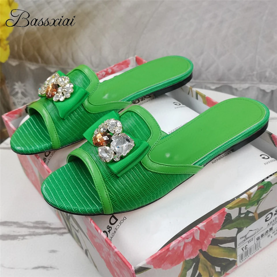 Luxury Diamond Butterfly-Knot Slippers Women Flat Heel Sexy Open Toe Crystal Rhinestone Slip-on Outwear Slides For Girls