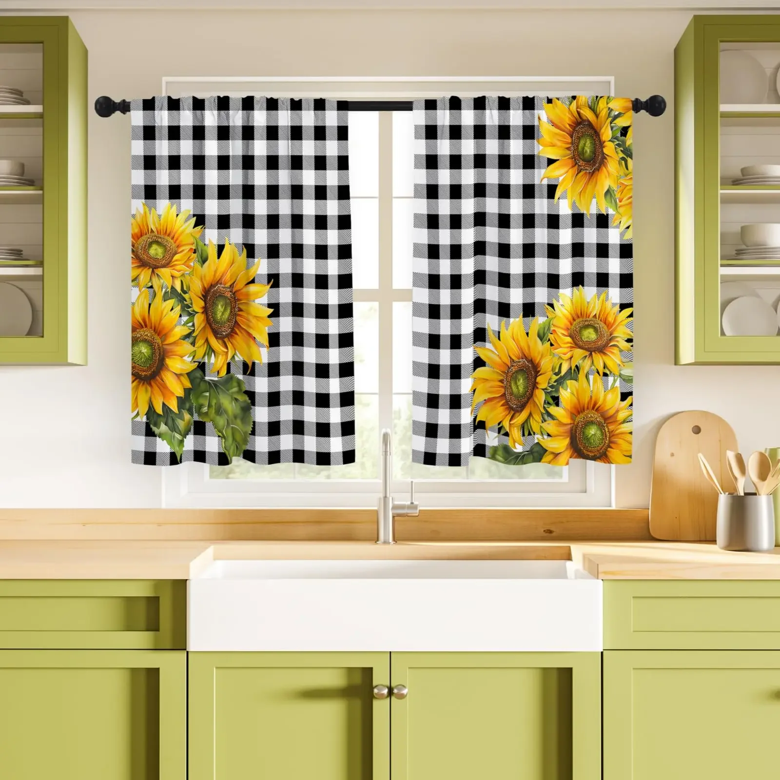 2Pcs Sunflower Black White Checkered Farmhouse Curtains Short Cafe Style for Kitchen Sink Bathroom Window Basement