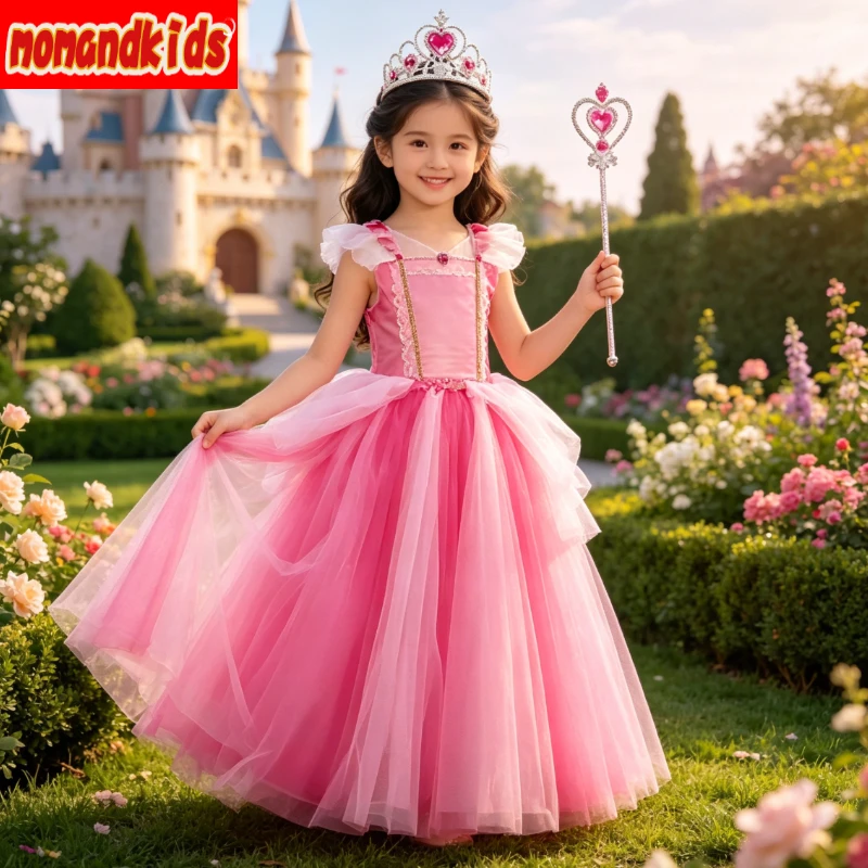 Romantic Blush Pink Royal Princess Fluffy Tulle Ball Gown Kids Fantasy Cosplay Dress for Girls Halloween Carnival Stage Party