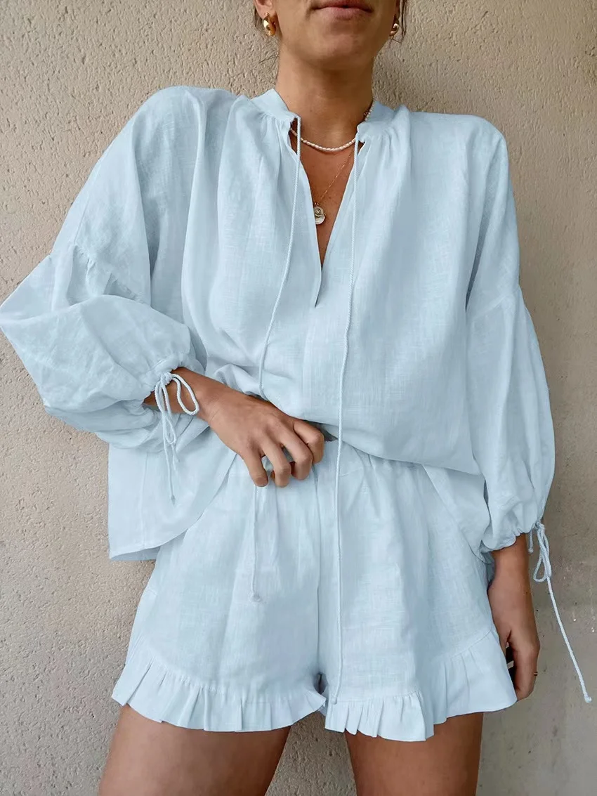 2024 Women's Solid Cotton Linen Ruffle Shorts Suit V-neck Long Sleeve Drawstring Loose 2 Pieces Set Fashion Casual Beach Suits