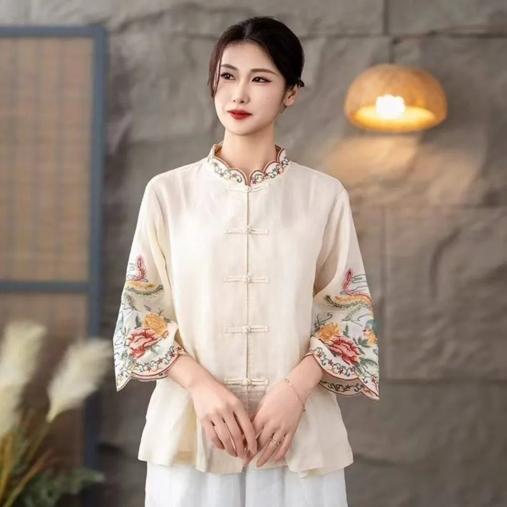 Thin Y2k Tops Women Clothing Vintage T Shirt Women Clothes Harajuku Tshirt Tees Ethnic Style Summer Embroidery Cotton Linen Tees
