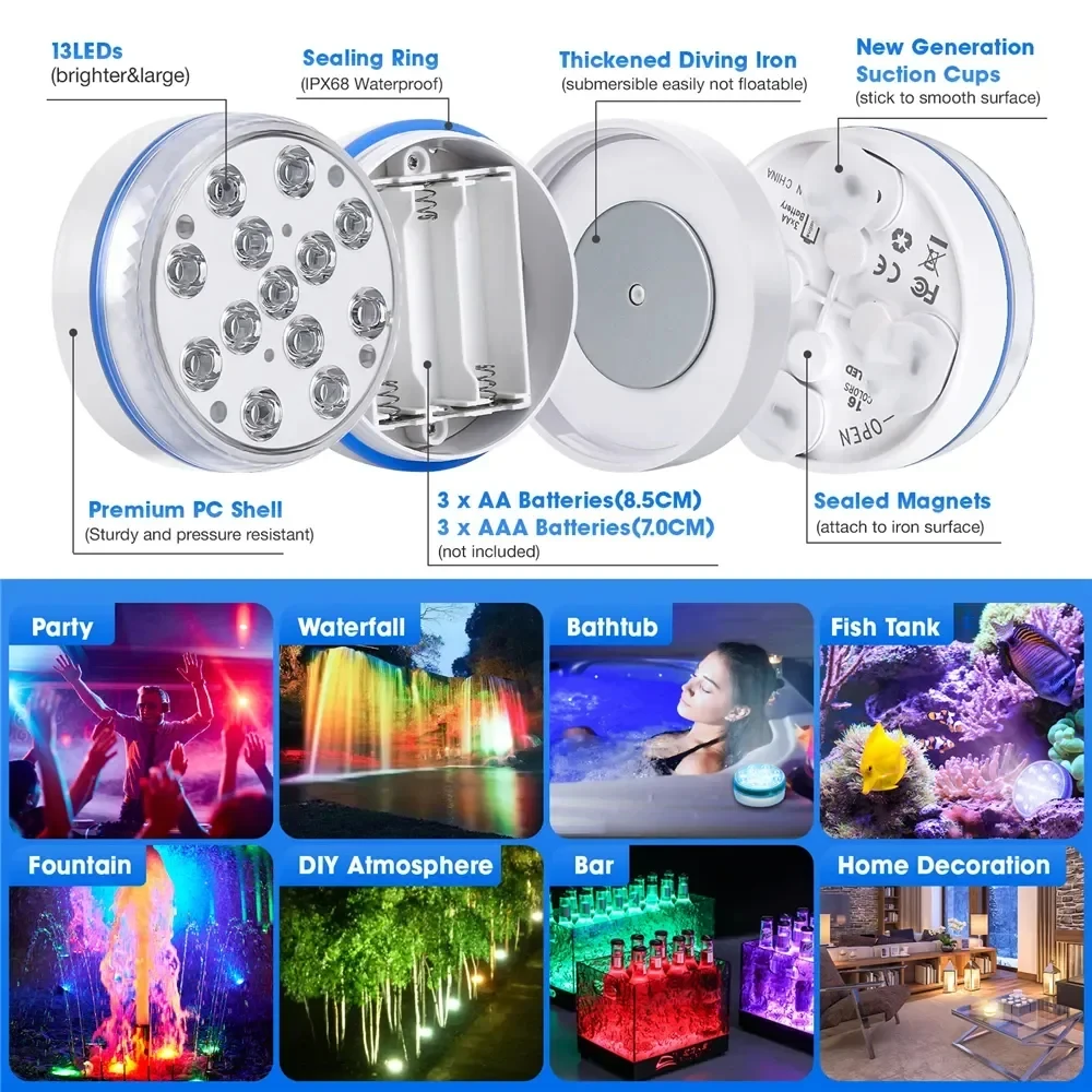 Submersible 13LEDs Lights Waterproof Underwater RGB with Remote Control Colour-Changing Light, Battery-Operated Flameless Lamps