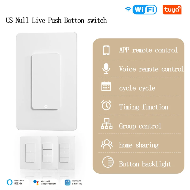

Кнопка умного дома Wifi Tuya, переключатель с отскоком, дистанционное управление через приложение, таймер, американский стандарт, управление подсветкой, умный переключатель на 1/3/4 клавиши