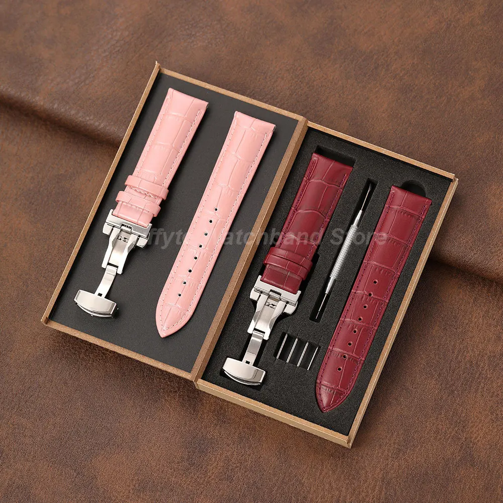 Women PU Leather Watch Band 18mm 20mm 22mm 24mm with Butterfly Buckle Gift Packing Box Elegant Replacement Wrist Strap