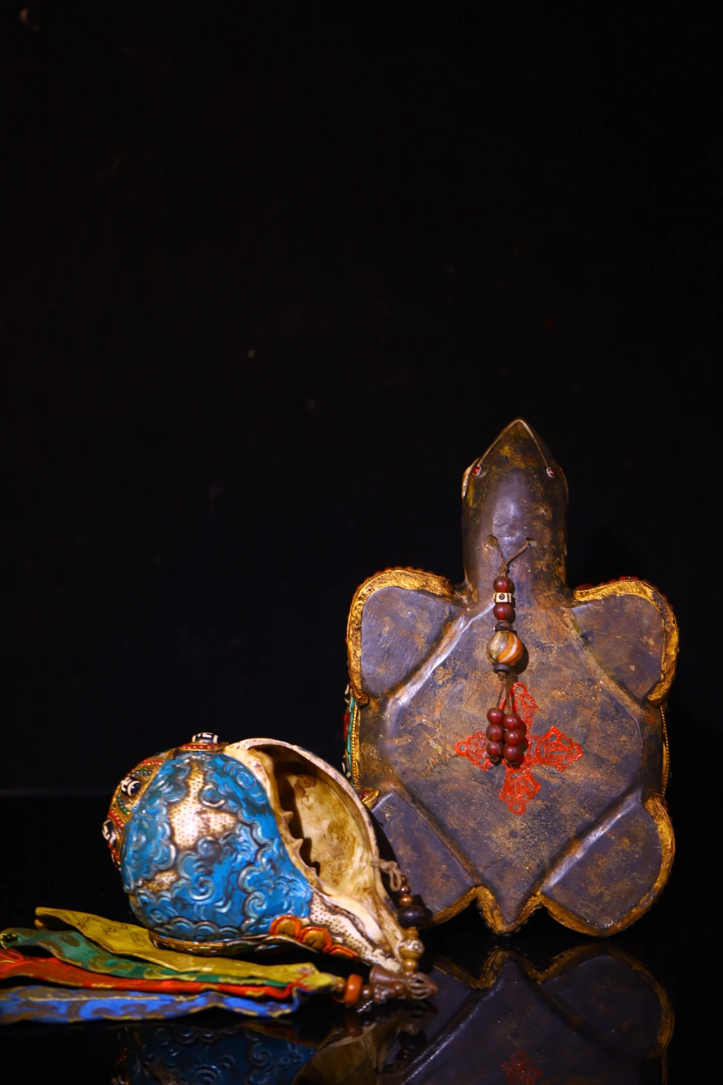 Old Natural Meteorite Mosaic Gem gZi Beads Turquoise Turtle statue base Buddha  conch Black God of Wealth Buddha Worship Hall