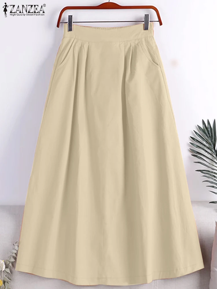 

ZANZEA Autumn Solid Maxi Skirts Women Casual Elastic Waist Baggy Jupes Elegant A Line Work OL Faldas Saia Stylish Party Sundress