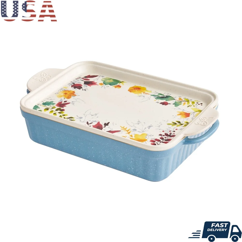 

Керамическая форма для выпечки, прямоугольная форма 3,38 литра с крышкой для блюдца, встроенными ручками, можно мыть в посудомоечной машине, цветочный дизайн, идеальный горшок