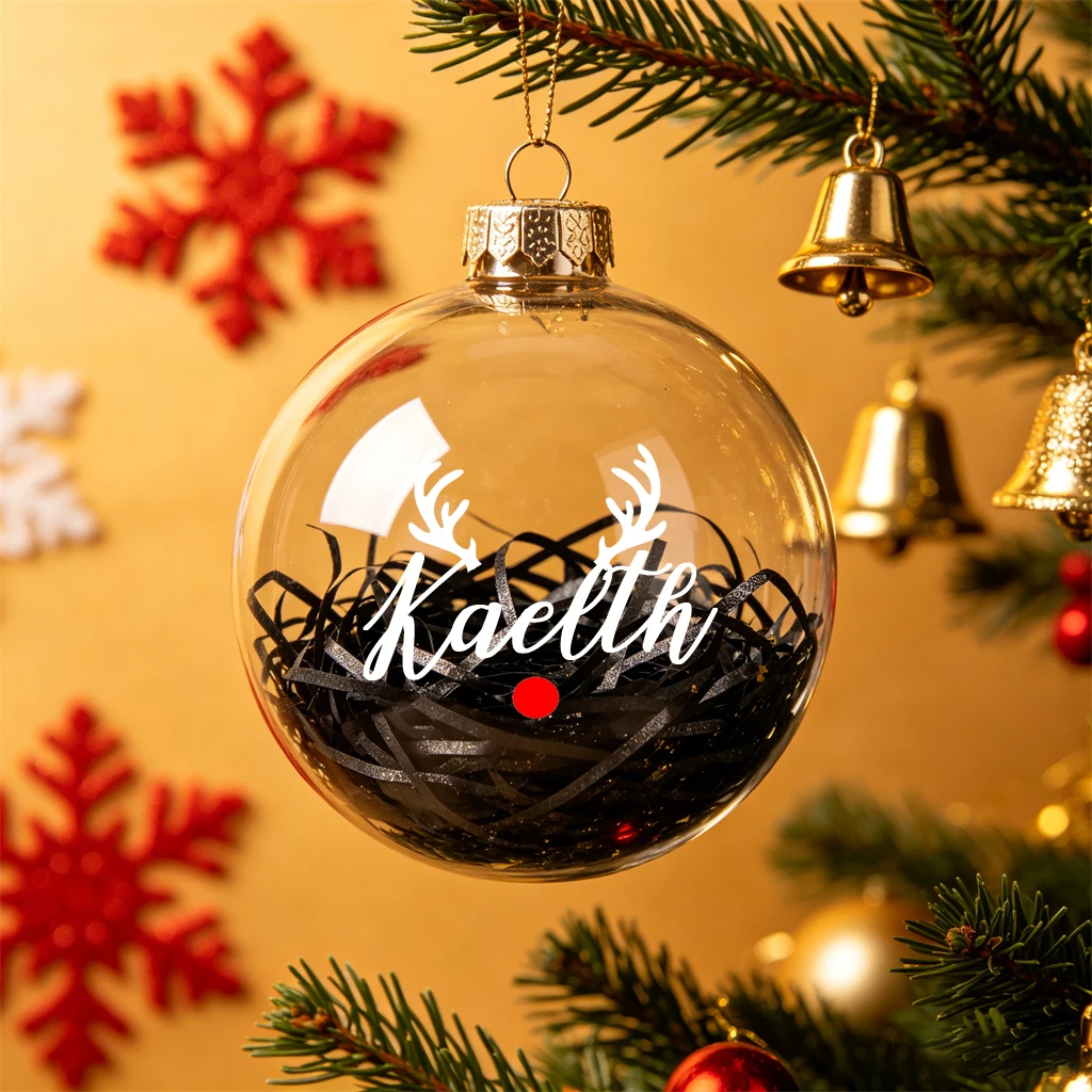 1pc Personalized Text Transparent Christmas Ball With Raffia Shred, Reindeer Design, Custom Name Xmas Tree Hanging Decor Gift