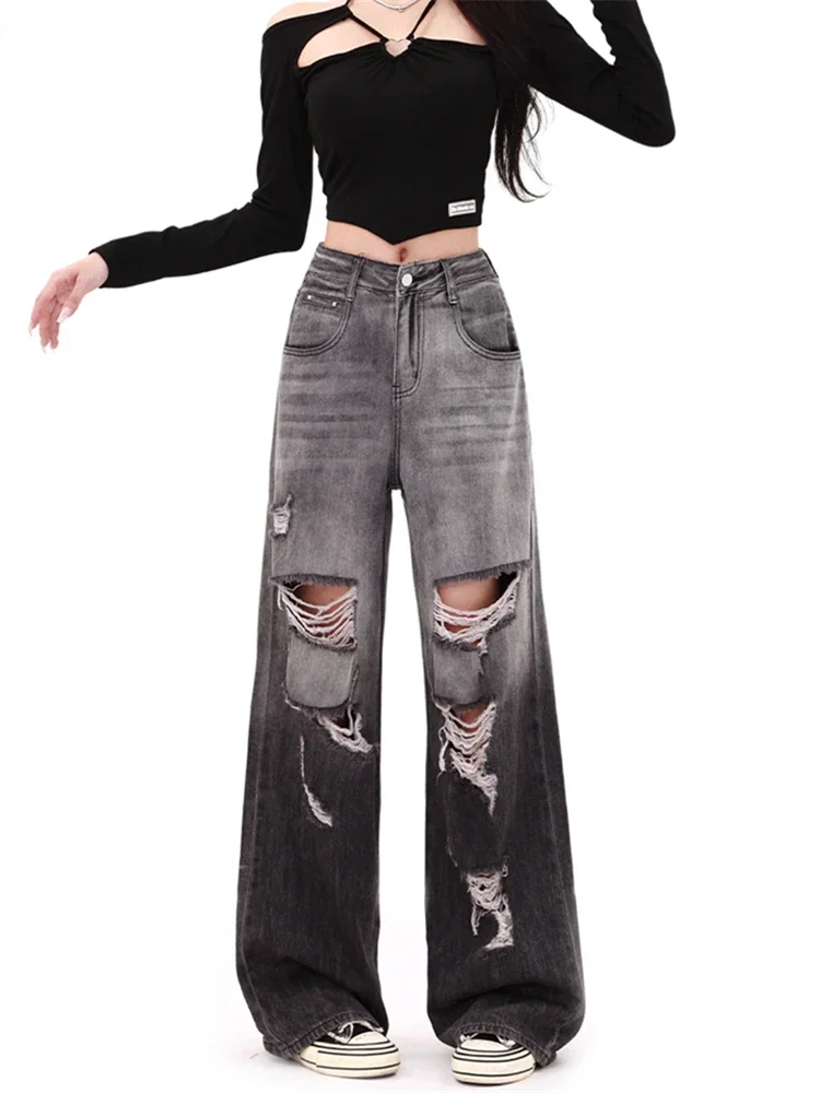 Women's Black Gradient Distressed Jeans Street Cool Girl Bottoms Wide Legs Pants Female Distressed Baggy Denim Trousers 3XL