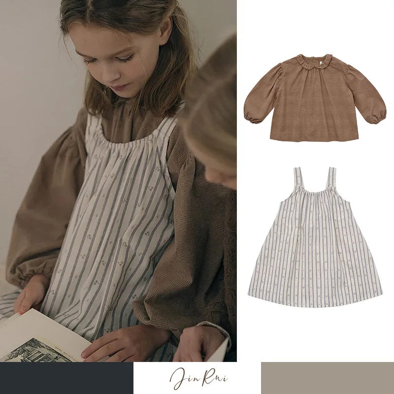 

LOU2025 осень-зима новое хлопковое платье с рукавами-фонариками и длинными рукавами в полоску без бретелек повседневная одежда