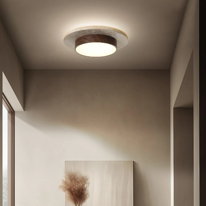 Wabi Sabi 32W Travertine LED Ceiling Lamp 3000K Light Yellow Stone Walnut/Wood Color Living Room Natural Stone Ceiling Light