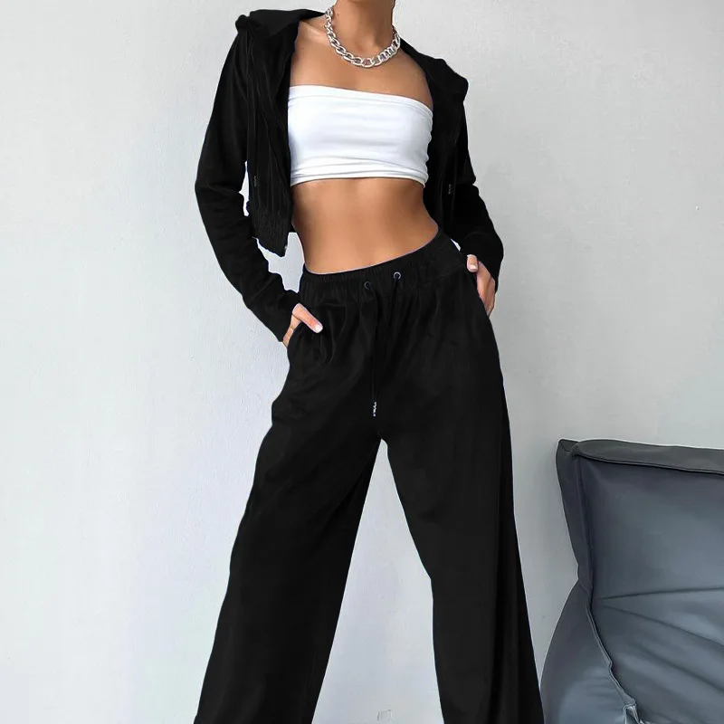 2024 Spring and Autumn juicy cropped hoodie and wide leg pants two-piece velour tracksuit