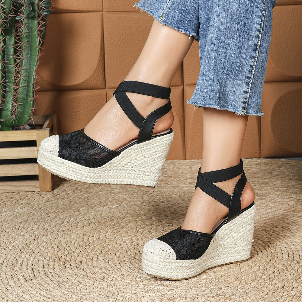 Summer Lace Espadrille Platform Shoes Women Wedge Heel Sandals 10cm Elegant Ladies Party Shoes Plus Size 42 D975