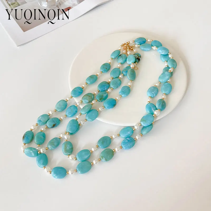 Trendy Bohemia Multilayer Thick Beaded Chain Necklace For Women Big Ocean Blue Necklaces Simple Banquet Neck Fashion Accessories