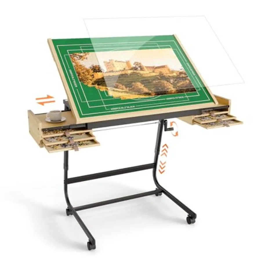 

Puzzle Table with Drawers for 1500 Piece Jigsaw Puzzles Crank Handle Adjustable Tilting Puzzle Board with 2 Sliding Storage Dra
