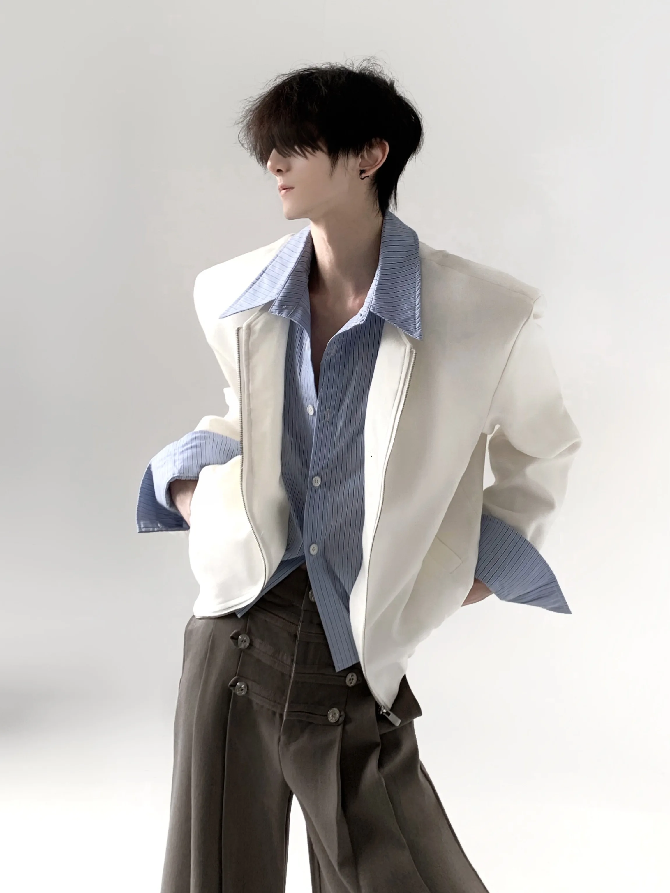 High Intelligence Short Men's Jacket Fake Two-Piece Shoulder Pad Stylish Handsome Windproof Polyester Fiber Zipper Closure