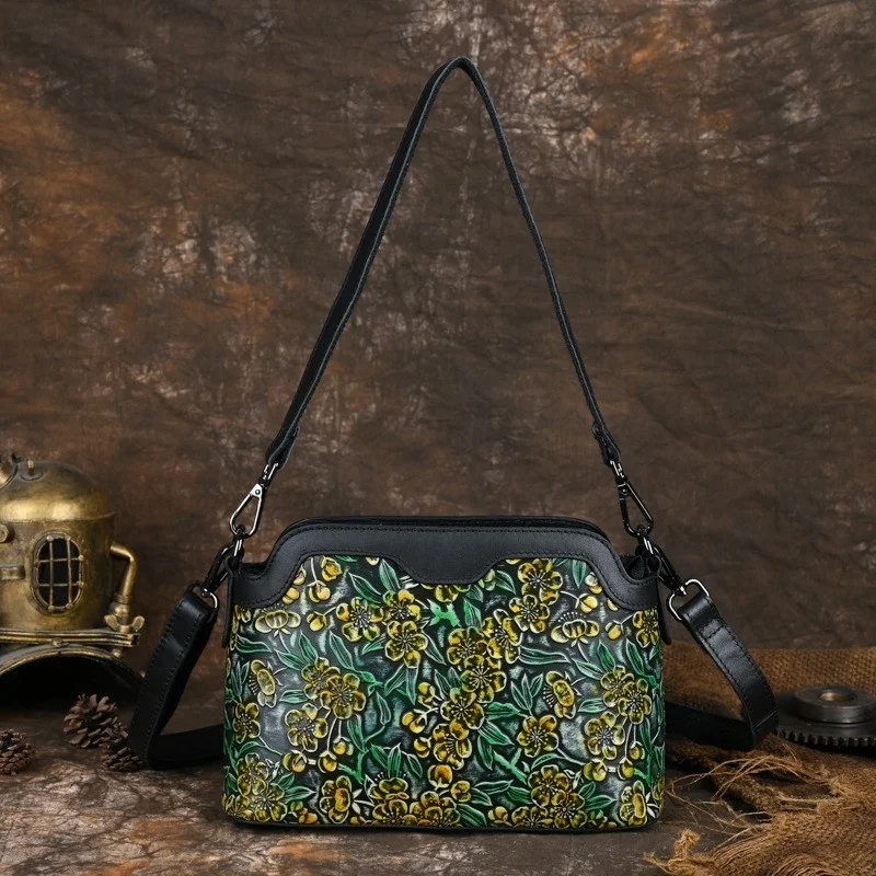 

Genuine Leather Retro Embossed Women Bag Versatile Cowhide Hand Painted Shoulder & Crossbody Bags