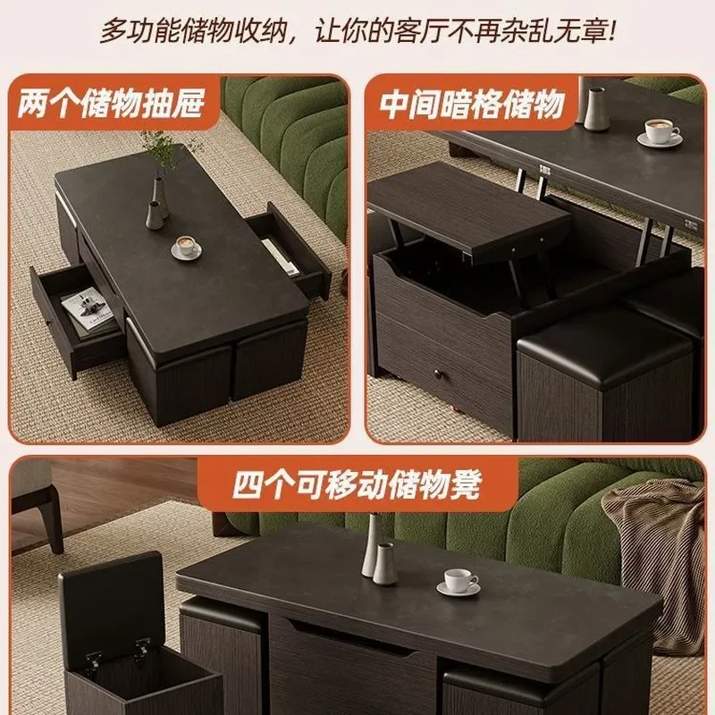 Simple Small Apartment Rock Slab Integrated Multi Functional Folding Living Room Lifting Coffee Table Dining Table Dual
