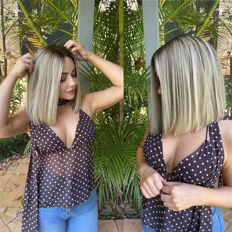 

Medium Size Cap Straight Bob Ombre Ash Blonde Synthetic HD Lace Front Wig Balayage PrePlucked Hairline Shoulder Length Wig 12''