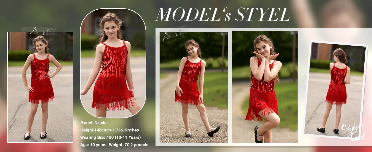 LOlanta 2 Stücke Mädchen Pailletten Latin Dance Kleid Quaste Salsa Dancewear Pailletten Fransen Kleid Leistung Outfits – Detail 6