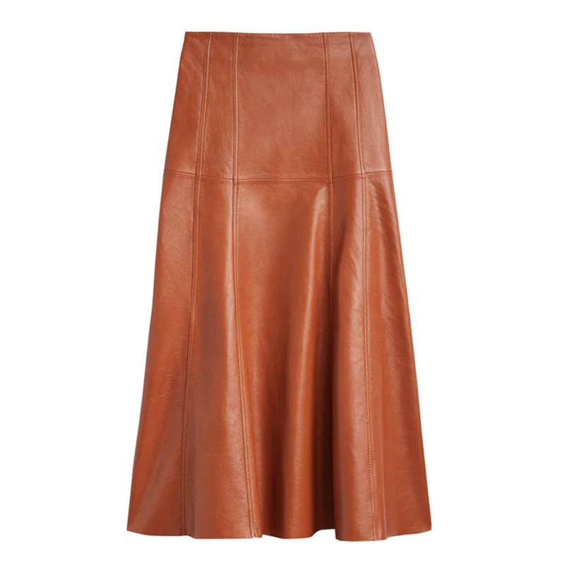 

2023 Genuine Leather Women Clothing England Fashion Elastic Waist Umbrella 80cm Long Skirt Femme Chic Beige Fold Streetwear