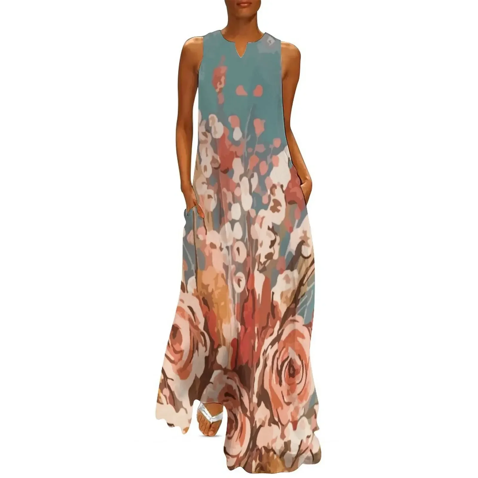 

One Bunch of Flowers in Pink & Teal Long Dress dresses with long sleeves elegant dresses plus sizes Woman dresses Dress
