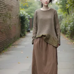 2024 Woman Autumn Vintage Patchwork New Fashion Linen Retro Tee Femme Cotton Long Sleeves T-Shirt Loose Korean Long T-Shirt