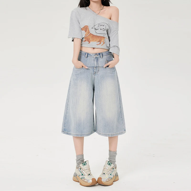 

Джинсы в американском стиле с высокой талией и широкими штанинами, женские летние свободные джинсовые брюки прямого кроя с украшением на пуговицах