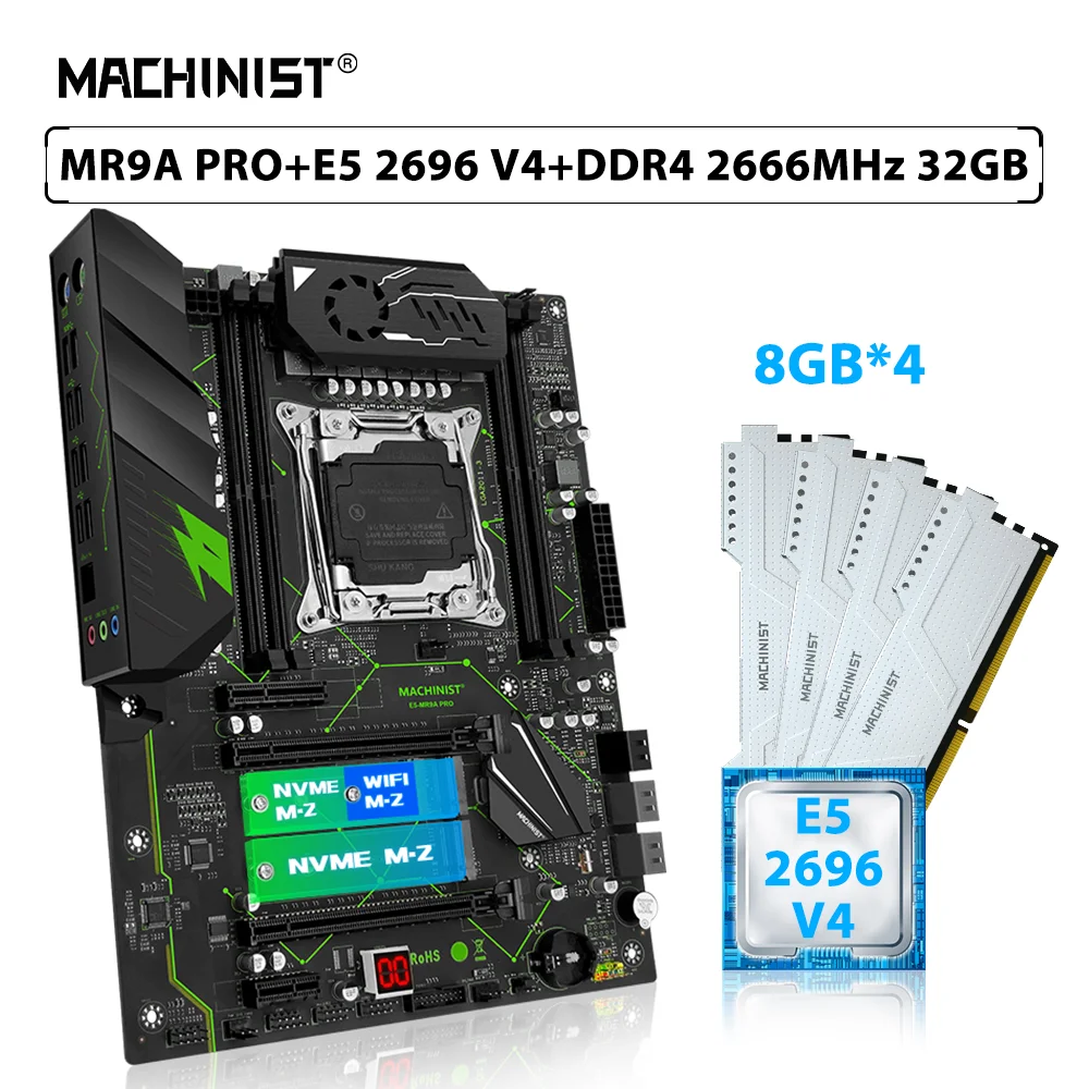 MACHINIST X99 MR9A PRO Motherboard Set LGA 2011-3 Kit Xeon E5 2696 V4 CPU Processor 32GB=4pcs*8GB 2666MHz DDR4 RAM Memory NVME