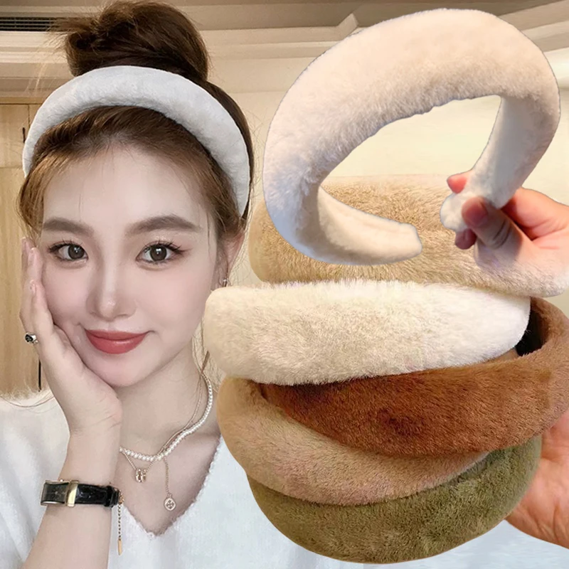 Women Girls Plush Widen Thicken Plush Sponge Hair Bands Faux Fur Padded Headbands Soft Fluffy Furry Hair Hoops Winter Headdress