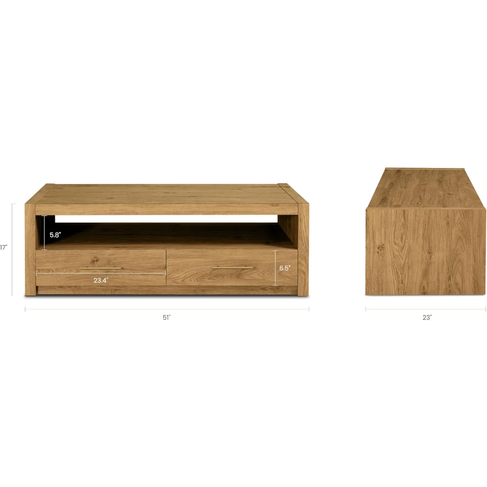 51" Oak Wood Coffee Table with 2 Soft-Close Drawers and Open Shelf Storage, Rustic Finish