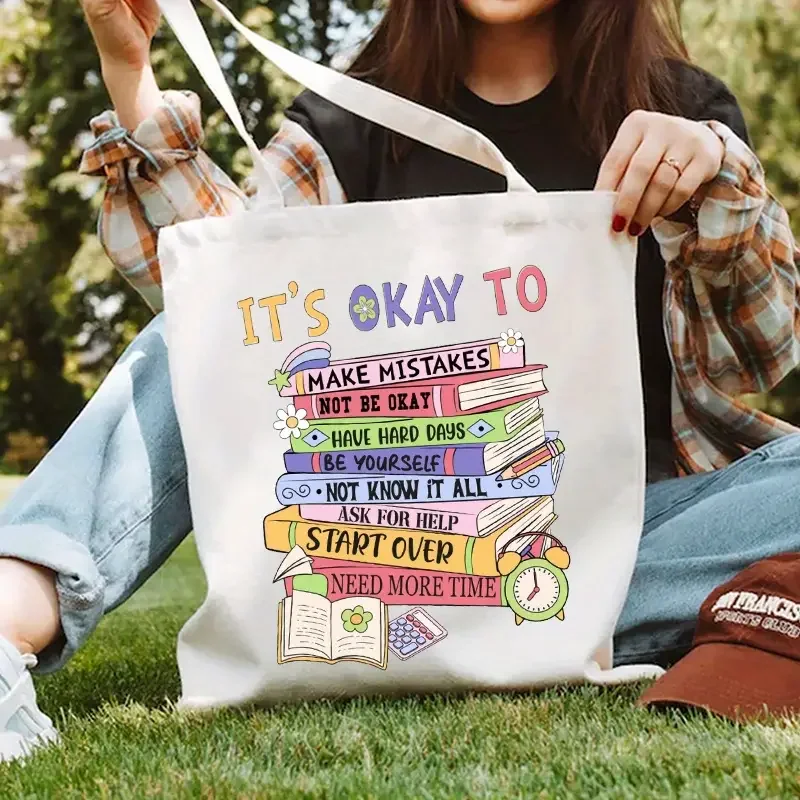 

T's Okay To Book Canva Tote Bag Eco Friendly Spacious Reusable Shoulder Bag School Travel Work Yoga Bag Daily Use