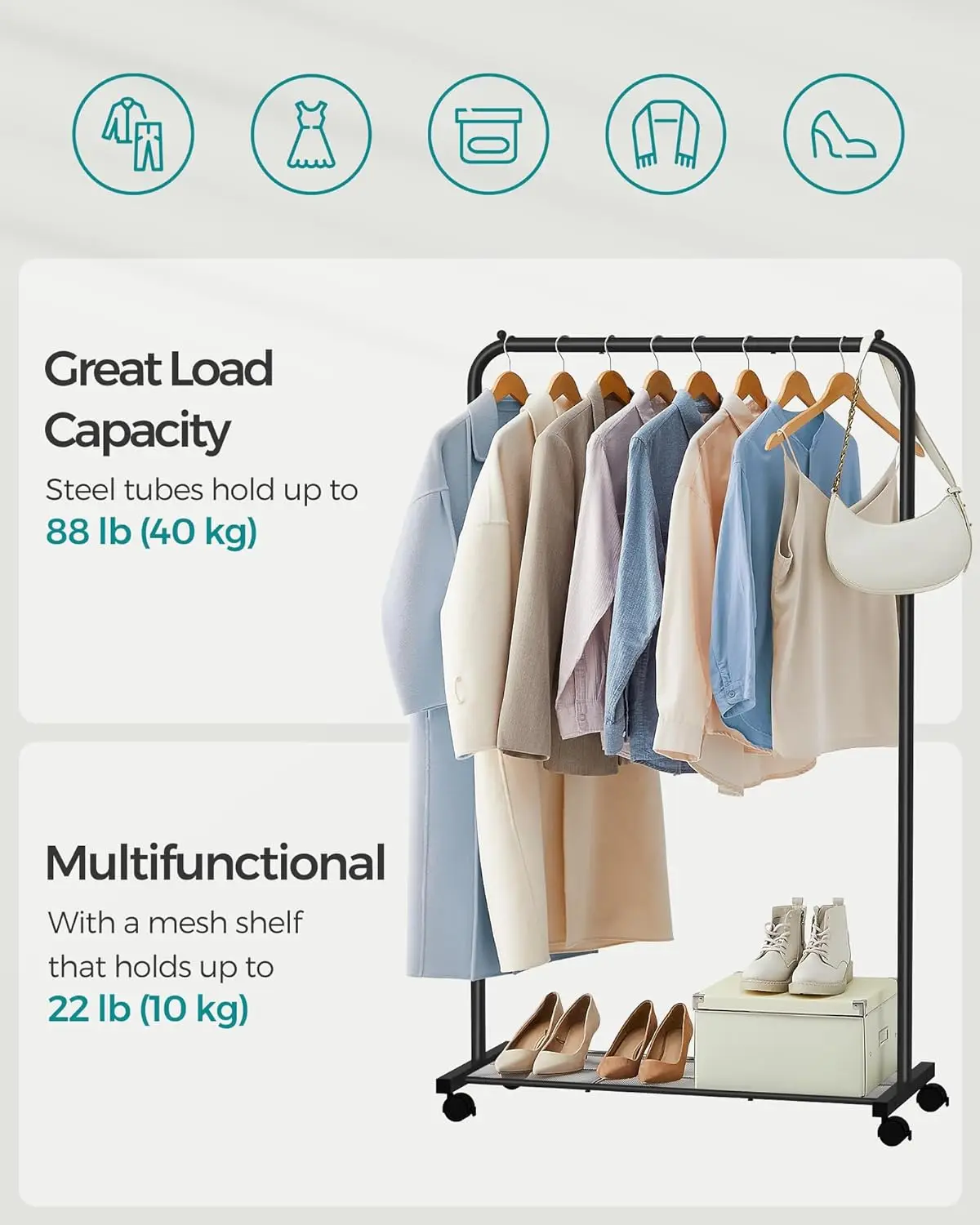 Clothes Rack with Wheels, Clothing Rack for Hanging Clothes