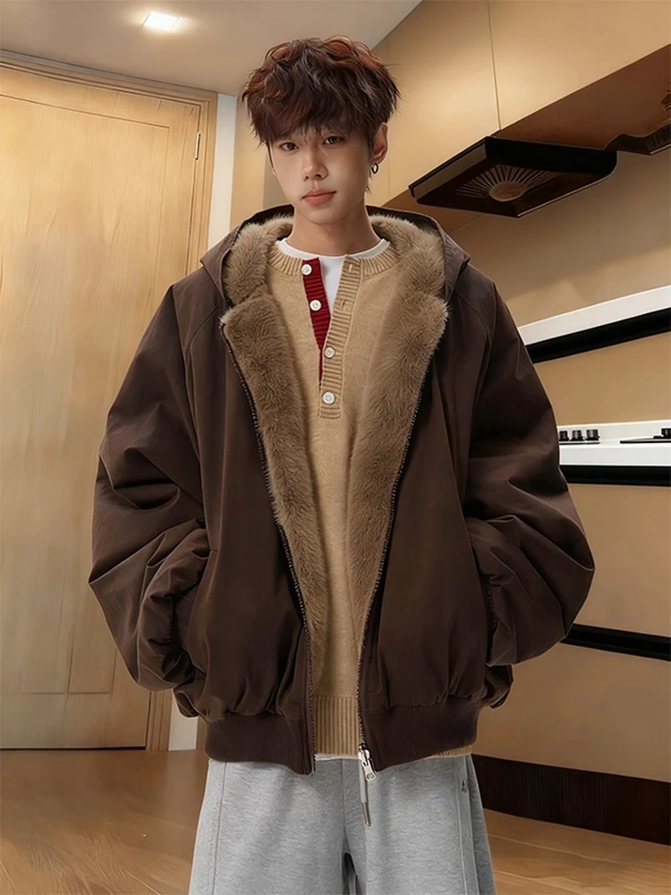 

Карамельная двусторонняя утепленная куртка из кроличьего меха и хлопка для мужчин, зимнее теплое пальто, приталенный крой, длинный рукав, худи Cleanfit