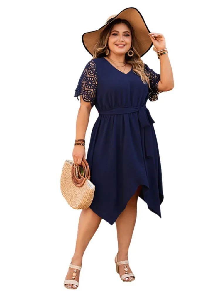 Plus Size Sumemr unregelmäßige Midi-Kleid Frauen aushöhlen Patchwork Kurzarm Mode Damen Kleider lose plissierte Frau Kleid