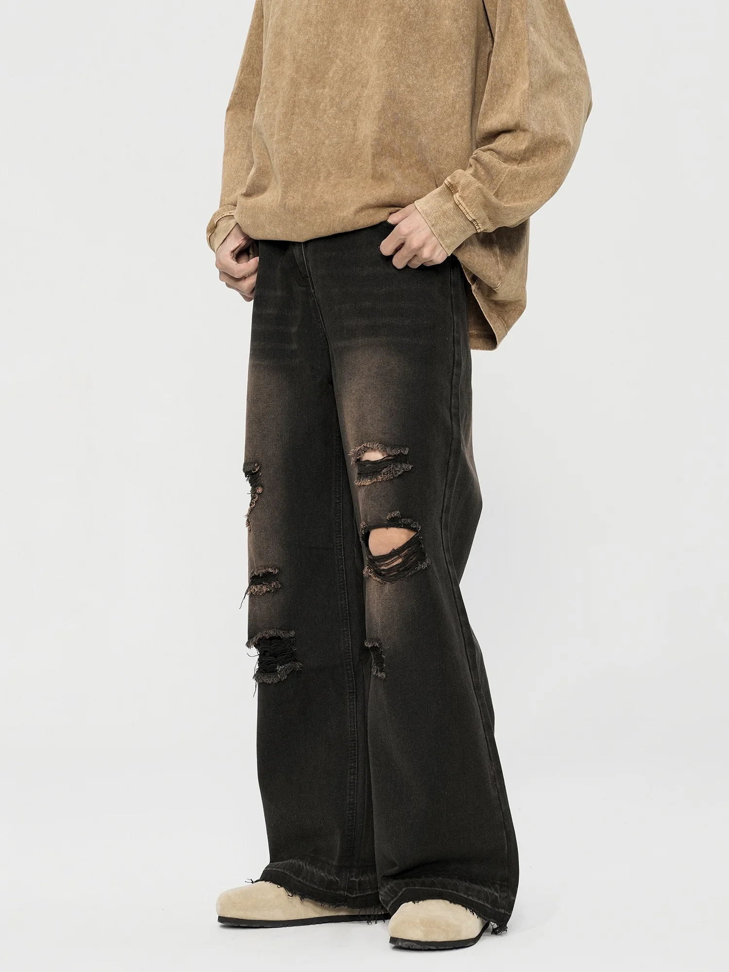 

Washed Vintage Tear Hole Jeans Summer Thin American High Street Black Denim Men's Loose Straight Leg Jeans Casual Youth Trend