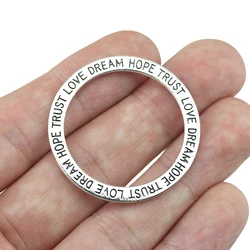 6Pieces 36mm Round Circle Charm Engraved Love Hope Trust Dream Message Pendant Antique Silver Color Charms For DIYJewelry Making