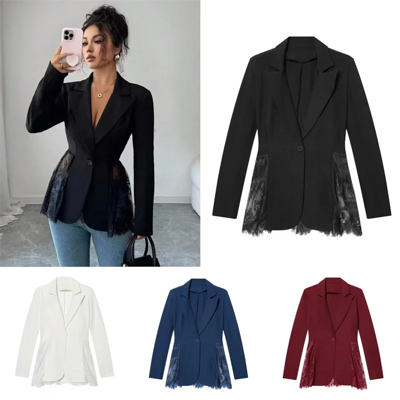 

Women's Slim-Fit Suit 2026 New Color-Block Lace Spliced Waist-Cinching Blazer Fashion Casual Women's Top