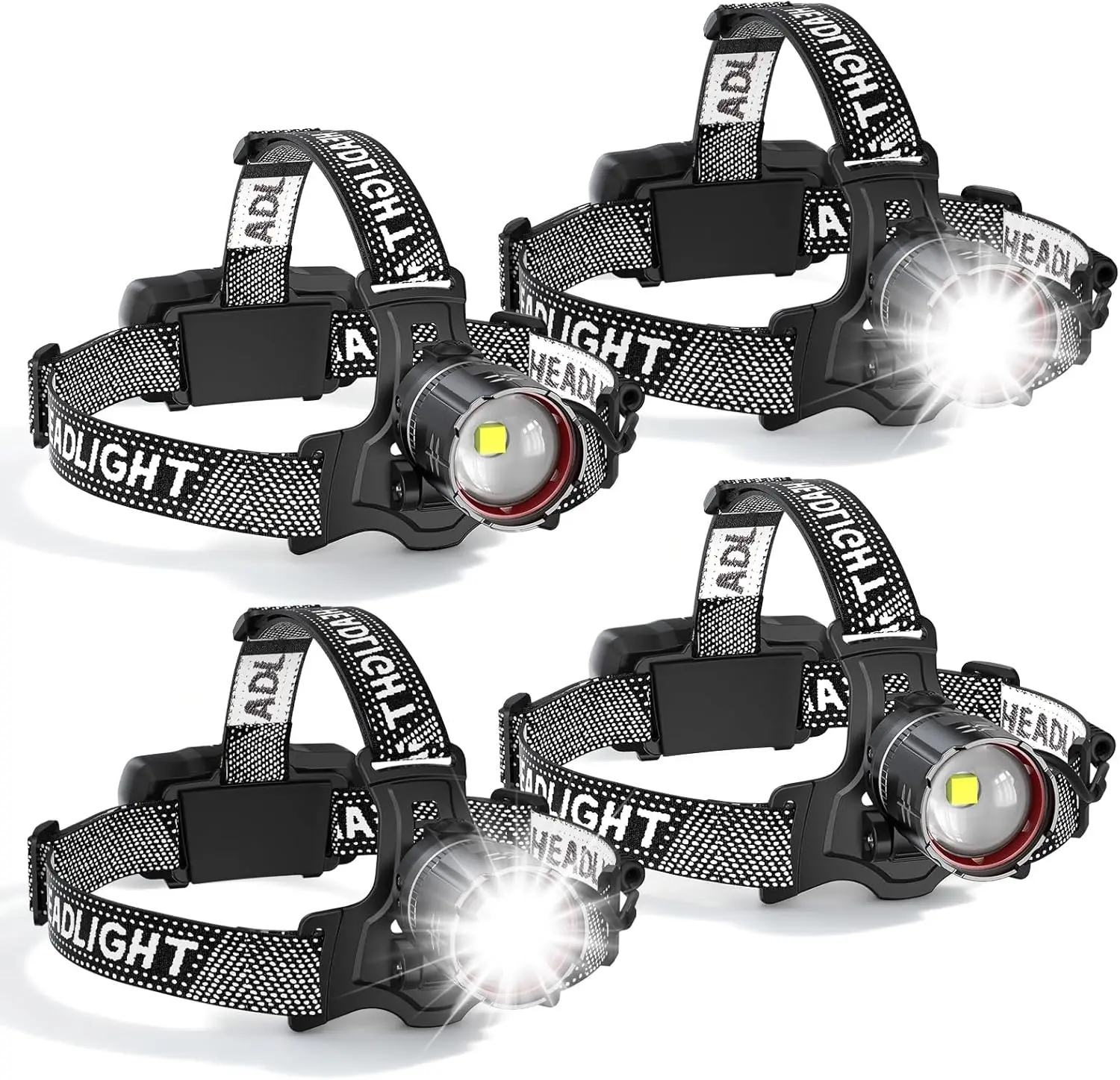 

Super Bright LED Headlamp 4 Pack, High Lumen Rechargeable with Motion Sensor, 5 Modes, IPX5 Waterproof, 90° Adjustable for