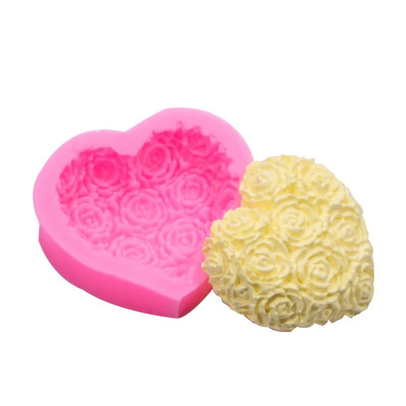 1pc Silicone Rose Flowers Fondant Chocolate Mould Heart Love Soap Mold Candle Polymer Clay Molds Crafts DIY Forms Base Tool