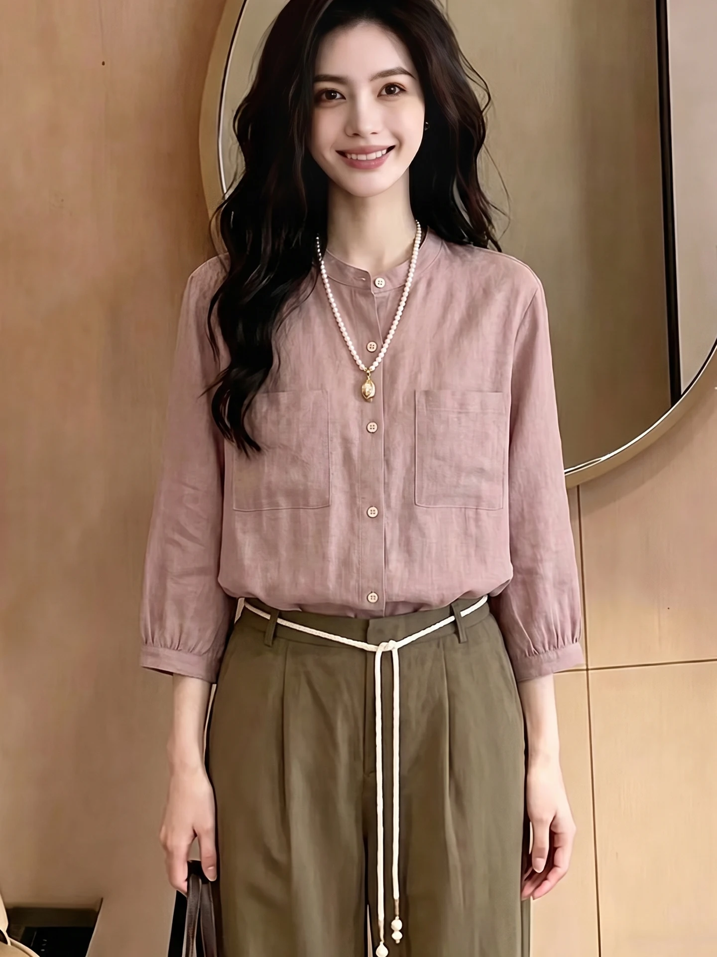 Elegant Pure Color Shoulder Shirt Women's Fashionable Seven Sleeve Shirt Versatile Stylish Women's Shirt Commute Korean Style