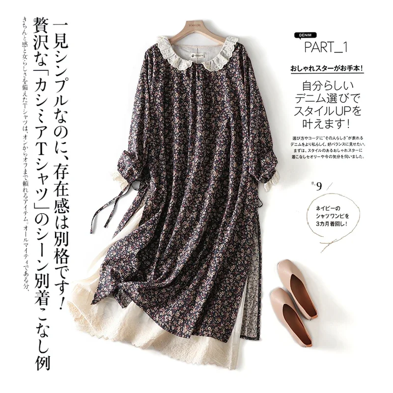 Spring Autumn New Mori Gril Floral Dress Doll Neck Double Hem Tied Mid-Length Dress Women's ZL763