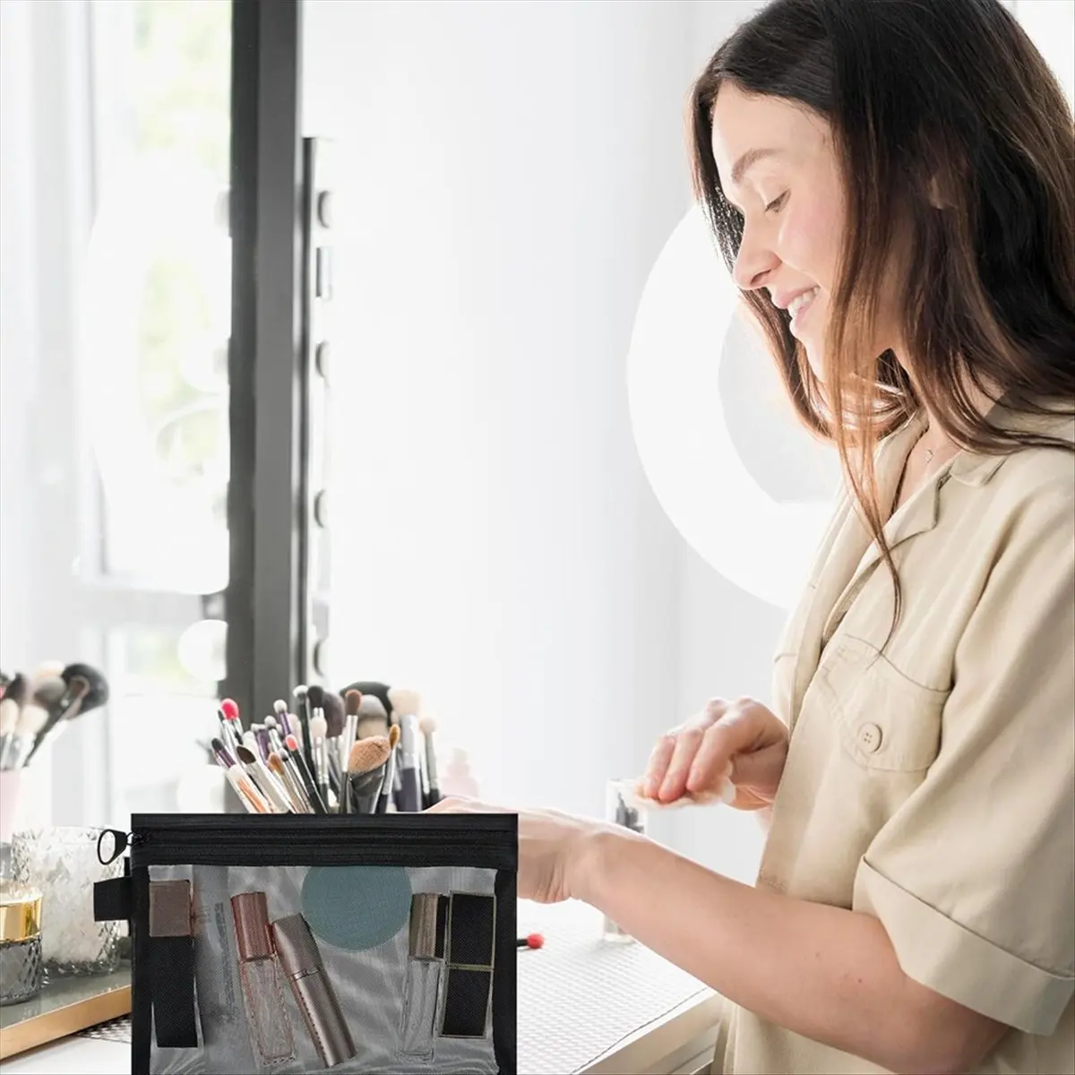 กระเป๋าซิปตาข่ายขนาดเล็ก ABQR 4 ชิ้น, กระเป๋าซิปตาข่าย, กระเป๋าซิปขนาดเล็ก, กระเป๋าซิปไนลอน, กระเป๋าเครื่องสำอางตาข่ายสำหรับใช้ในบ้านและสำนักงาน