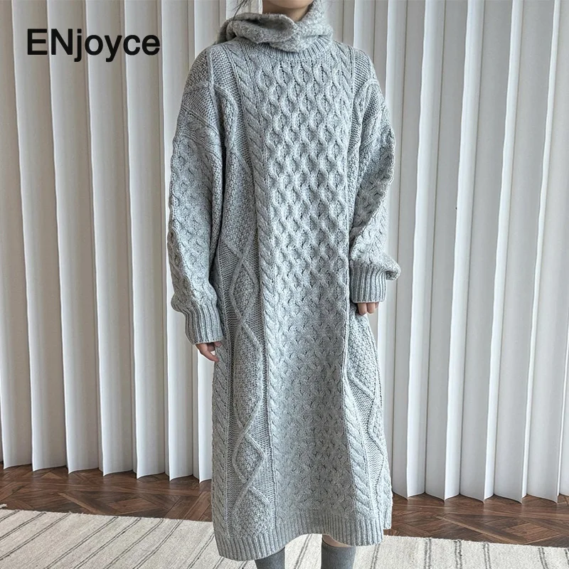 Women Vintage Twists Thick Knitted Long Dress Pullover 2024 Winter Ladies Knitwear Korean Fashion Long Sleeve Maxi Sweater Dress